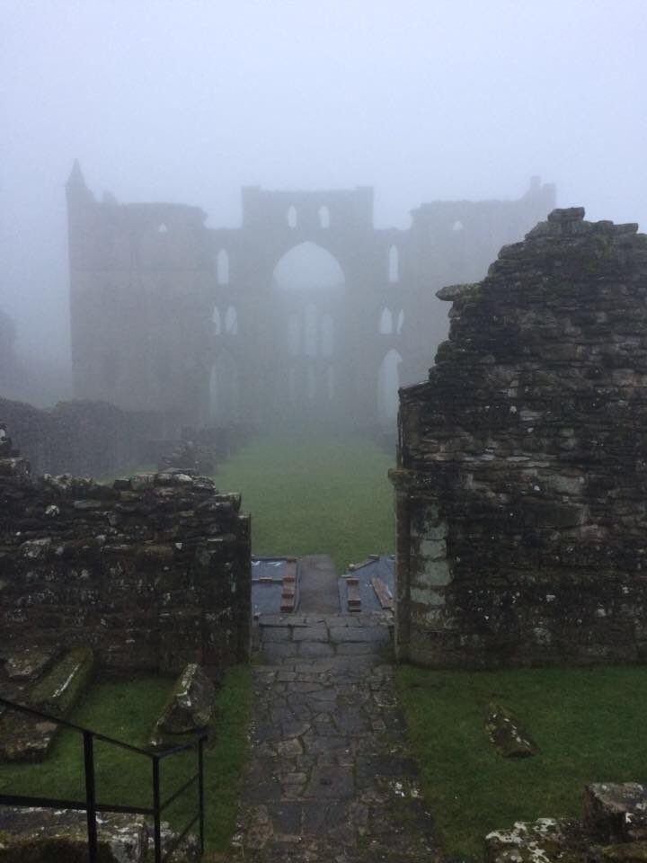 Abbey ruins in fog