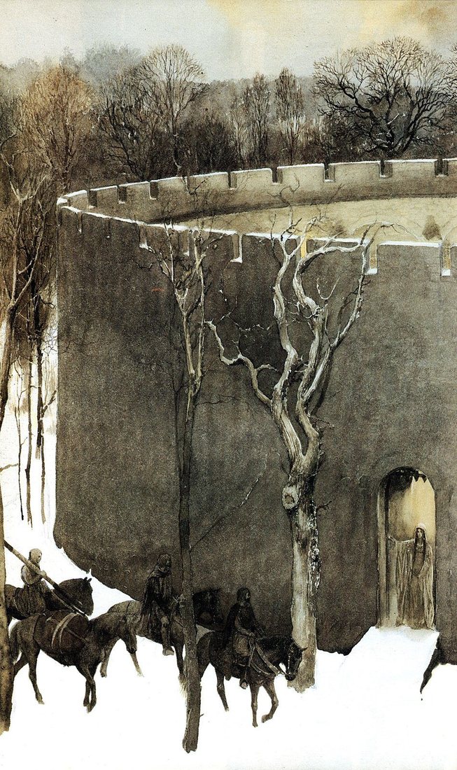 Riders passing a round fortress wall in snow