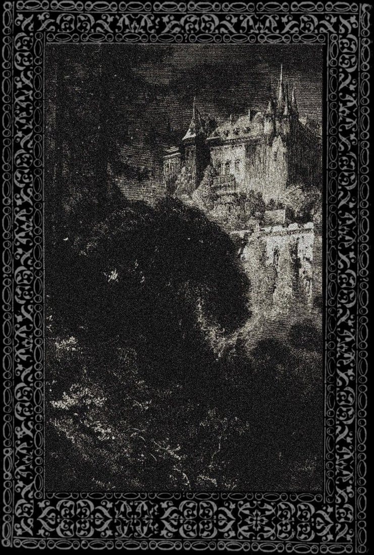 Engraving of a castle above dark woods, in an ornamental frame