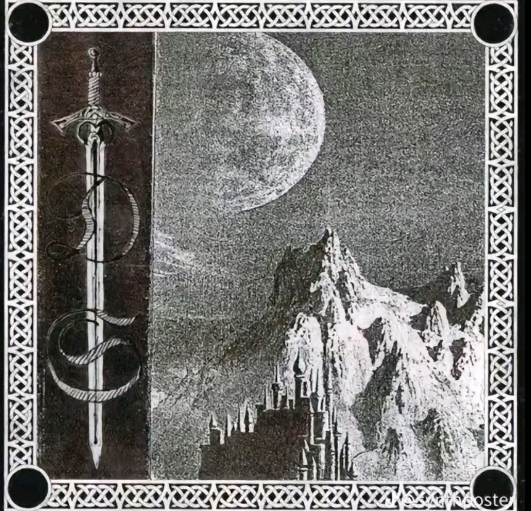 Engraving of a sword, a moon and snowy peaks, in a knotwork frame